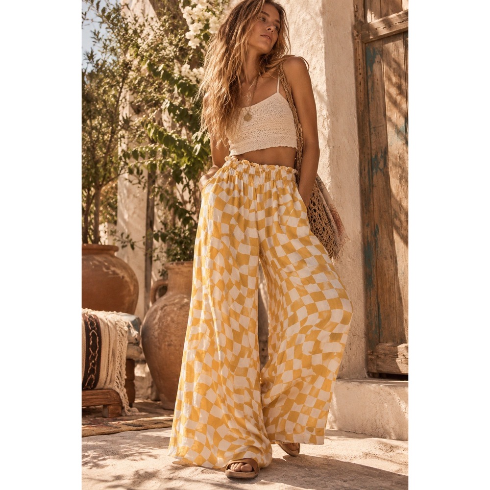 Grayson Threads Womens XS Yellow Wavy Checkerboard Wide Leg Lounge Pants NWT